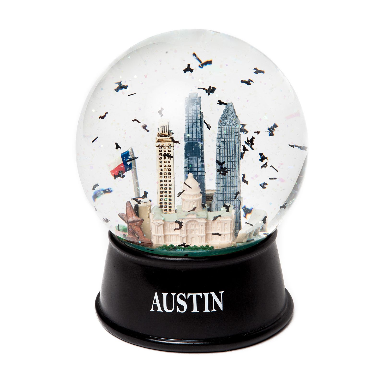 Austin Glitter and Bats Large Glass Snow Globe Texas