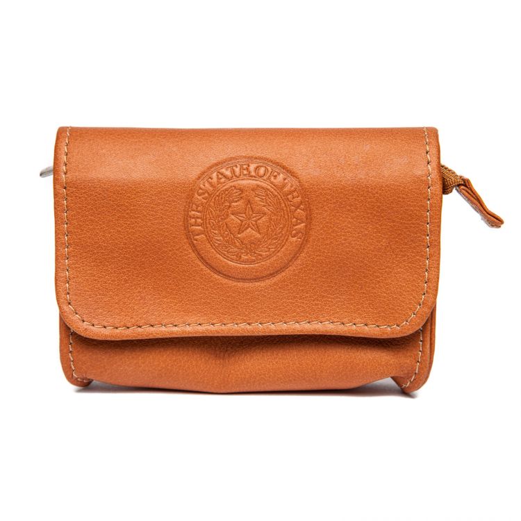 Texas State Seal Leather Zippered Coin Pouch - Saddle