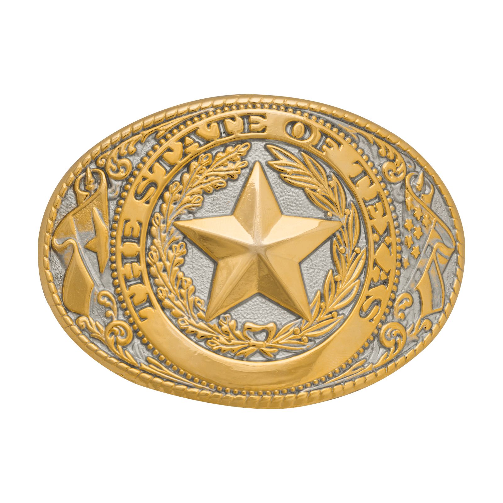 TEXAS STATE SEAL WESTERN BELT BUCKLE 2 3/4 BY 3 3/4 GOLD TONE 