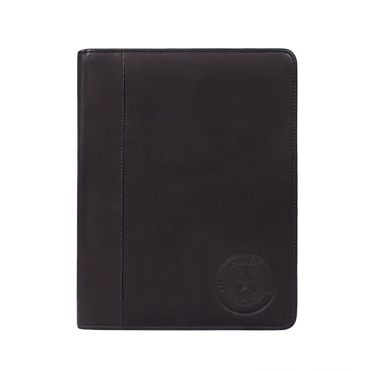 Texas State Seal Leather Padded Cover Zippered Portfolio - Black