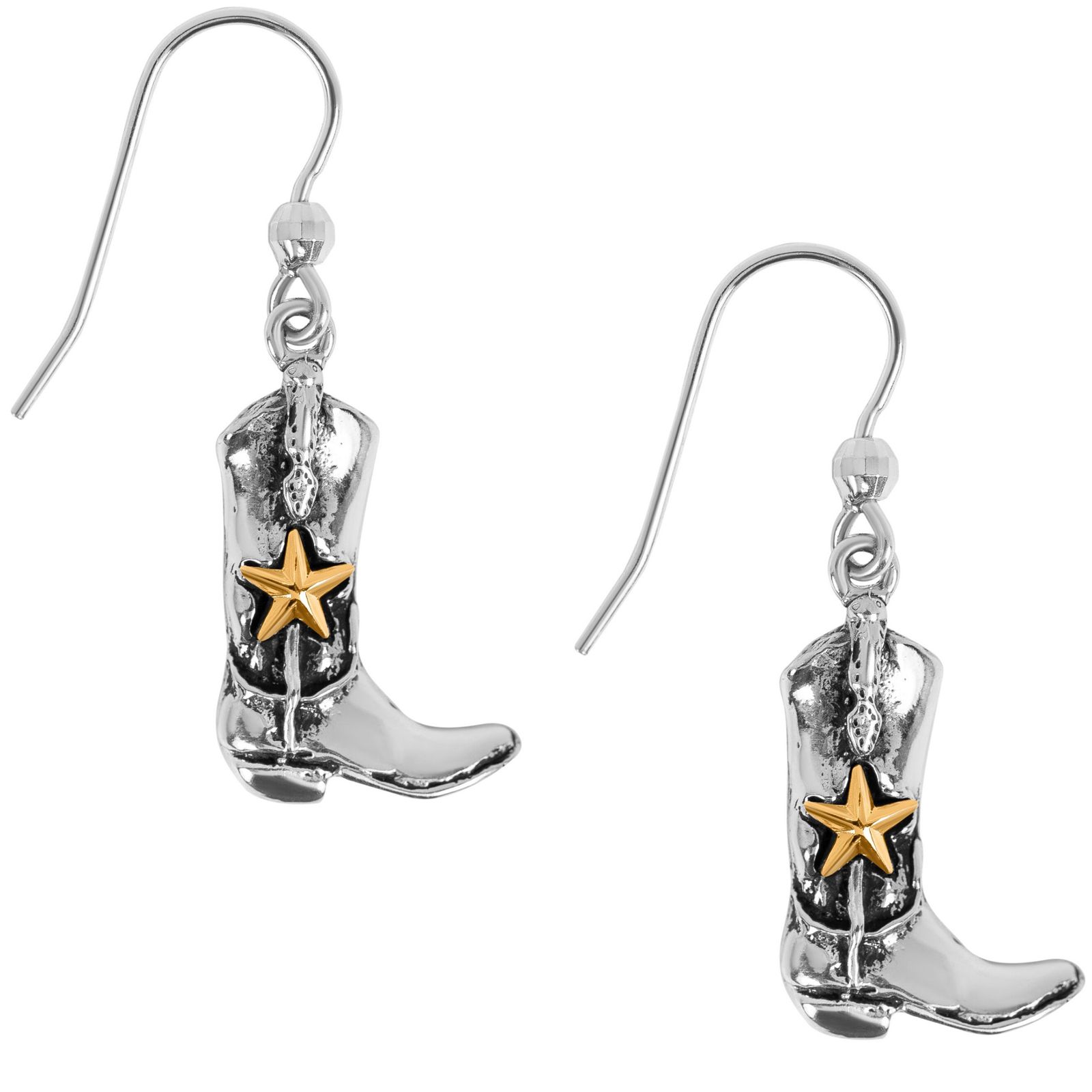 Cowboy Boots Sterling Silver with Gold Star Dangle Earrings