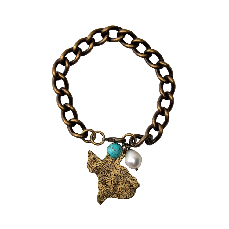 Texas Turquoise and Freshwater Pearl Brass Chain Bracelet