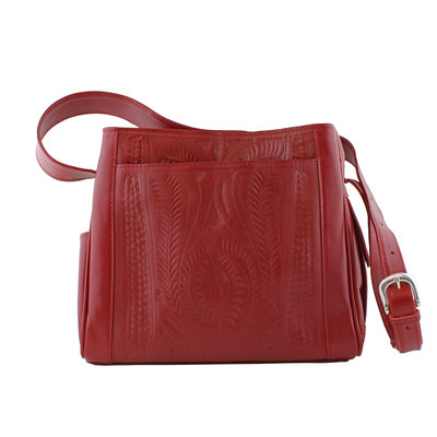 Tooled Leather Shoulder Tote - Red