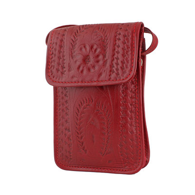 Tooled Leather Cross Body Purse - Red