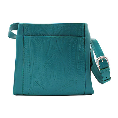 Tooled Leather Shoulder Tote-Turquoise