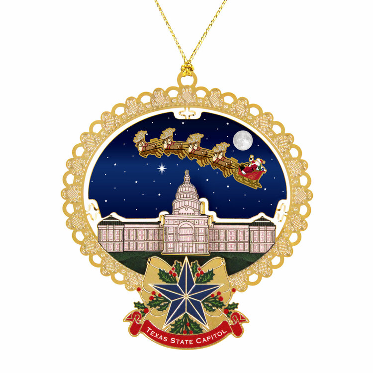 Santa Flying Over Texas Capitol Lighted Ornament