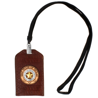 Brown Lone Star Embossed Leather ID Badge Holder