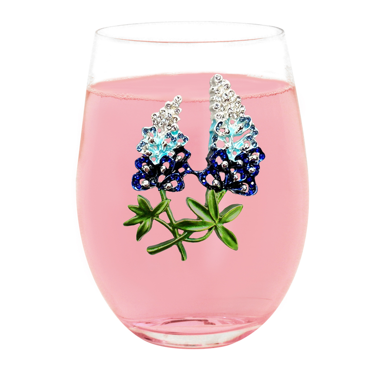 Jeweled Texas  Bluebonnets Stemless Wine Glass