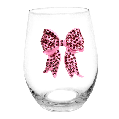 Jeweled Pink Bow Stemless Wine Glass