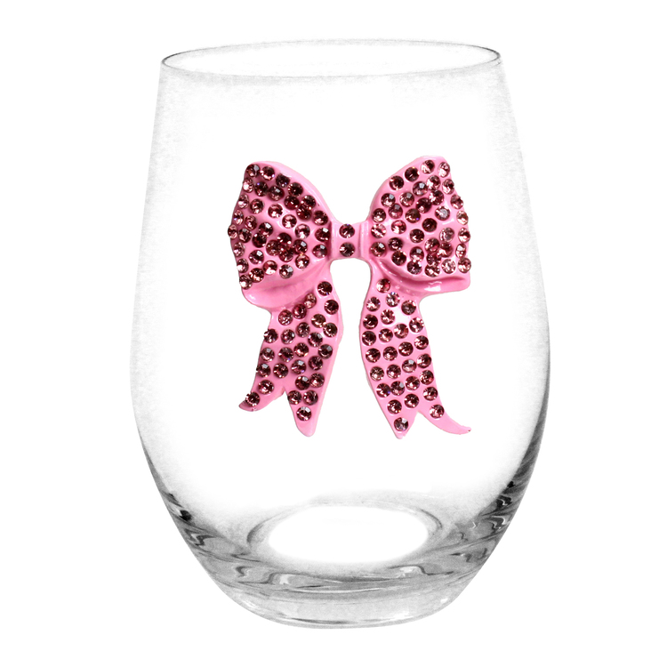 Jeweled Pink Bow Stemless Wine Glass