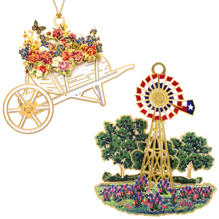 Texas Windmill and Wheelbarrow Wildflower Ornament Bundle